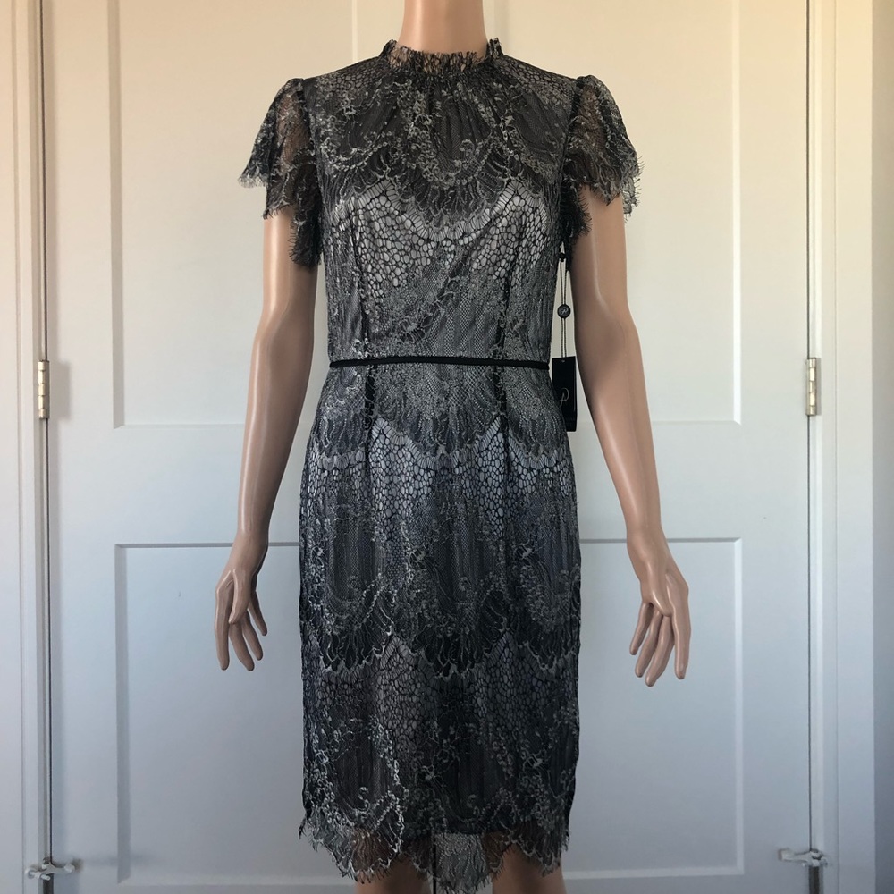 Adrianna Papell Gray Silver Mock Neck Lace Dress 4